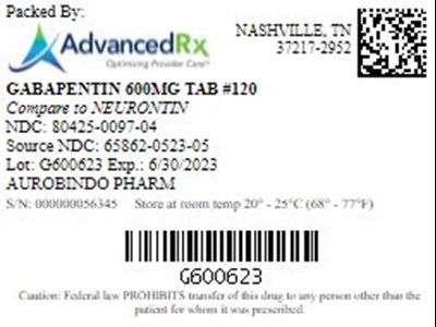 Gabapentin 600mg Tab Qty 120 Ndc 80425 0097